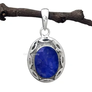 925 Sterling Silver Pendant for Men Women, Natural friction cater Blue Sapphire Faceted Oval Gemstone Unique Handcrafted September Birthstone Pendant Solid 