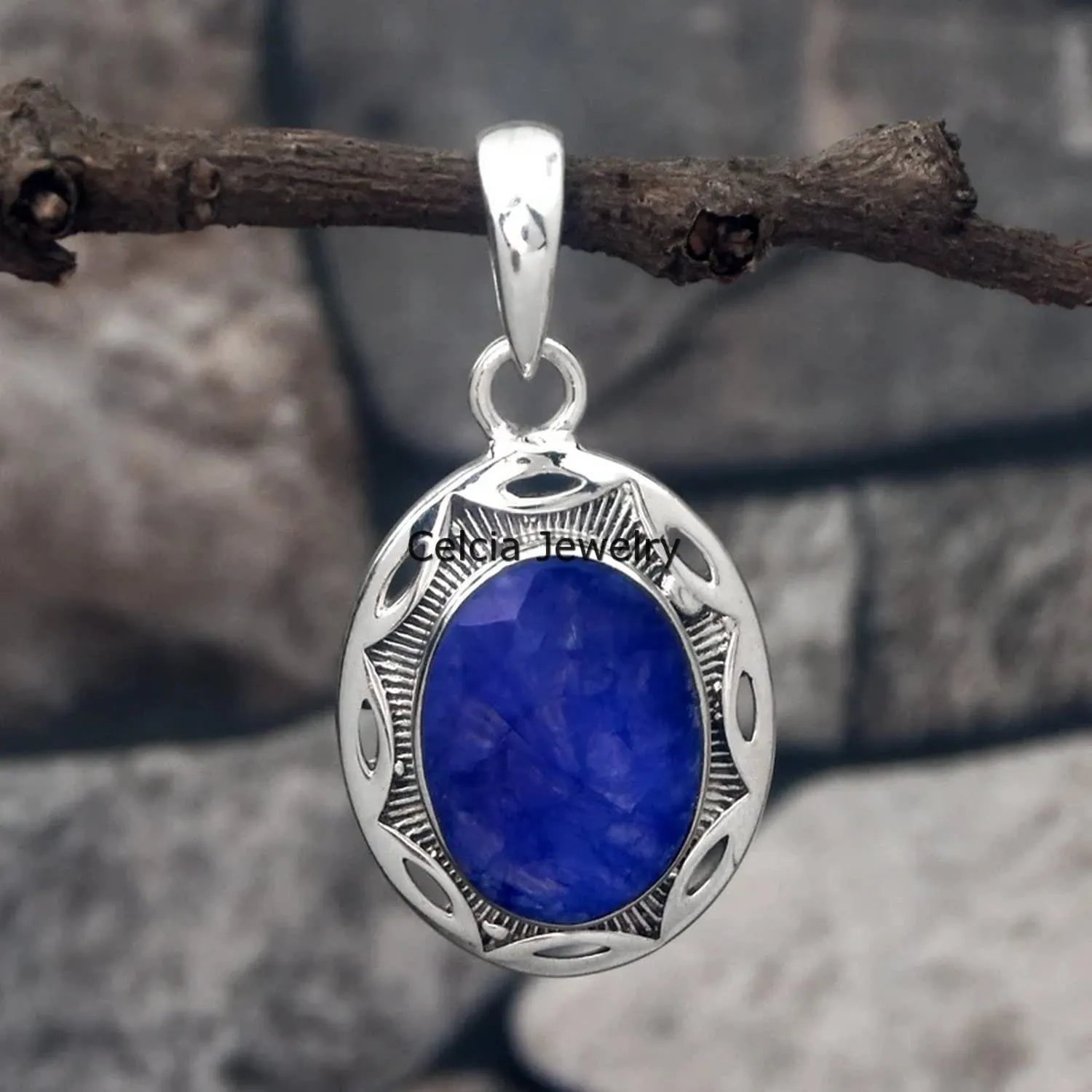 925 Sterling Silver Pendant for Men Women, Natural friction cater Blue Sapphire Faceted Oval Gemstone Unique Handcrafted September Birthstone Pendant Solid 