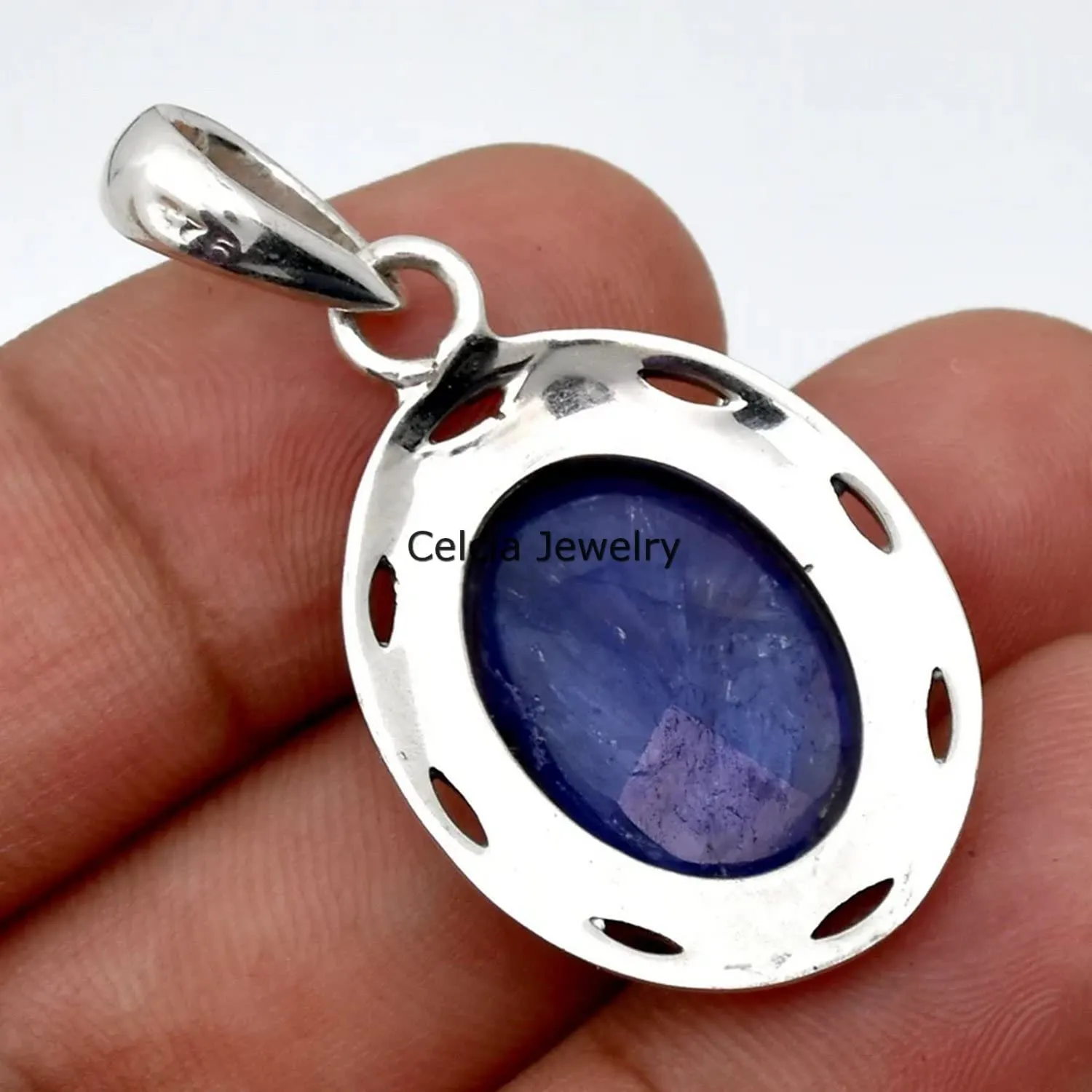 925 Sterling Silver Pendant for Men Women, Natural friction cater Blue Sapphire Faceted Oval Gemstone Unique Handcrafted September Birthstone Pendant Solid 