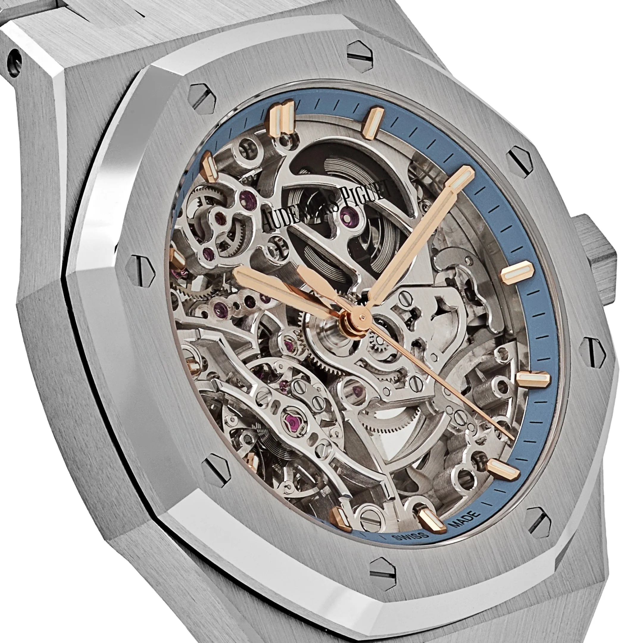 A&P Luxury Watches Royal Oak Openworked 15467BC.OO.1256BC.01 Double Balance Wheel White Gold Light-Blue Inner Bezel