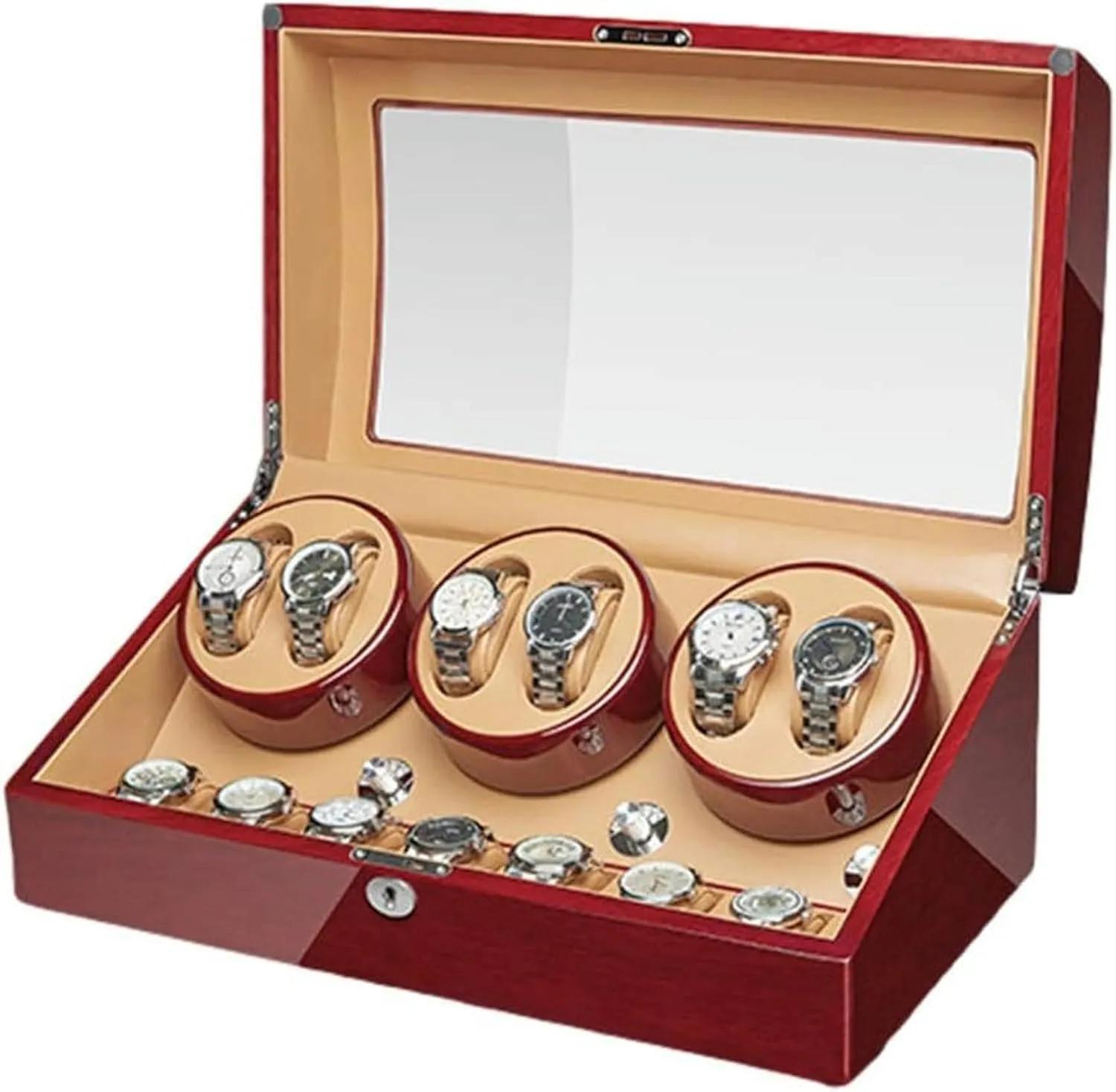 Adapter and microscopic entry larva net designer gunfire Battery Powered Silent Motor Watch Winder Watch Box Case Watch Storage Display Watch Winder Box for Automatic Watches Walnut Solid Wood Piano Paint Exterior 