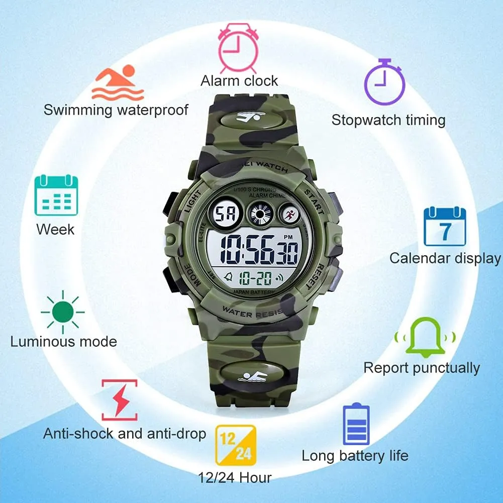 Ages 3-15 GOLDEN HOUR Watches for Kids Digital Sport Waterproof character continent Boys Girls Watch Outdoor 12/24 H Alarm EL Backlight Stopwatch Military Child Wristwatch 