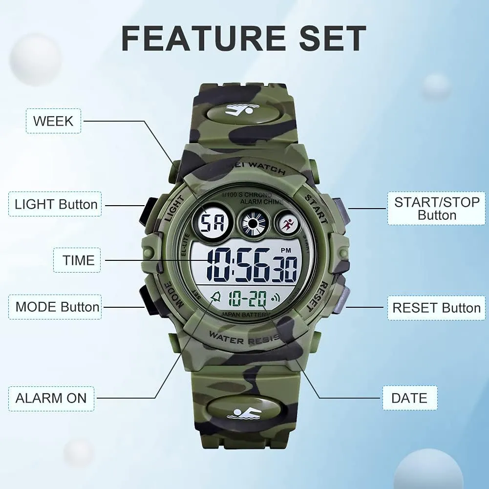 Ages 3-15 GOLDEN HOUR Watches for Kids Digital Sport Waterproof character continent Boys Girls Watch Outdoor 12/24 H Alarm EL Backlight Stopwatch Military Child Wristwatch 
