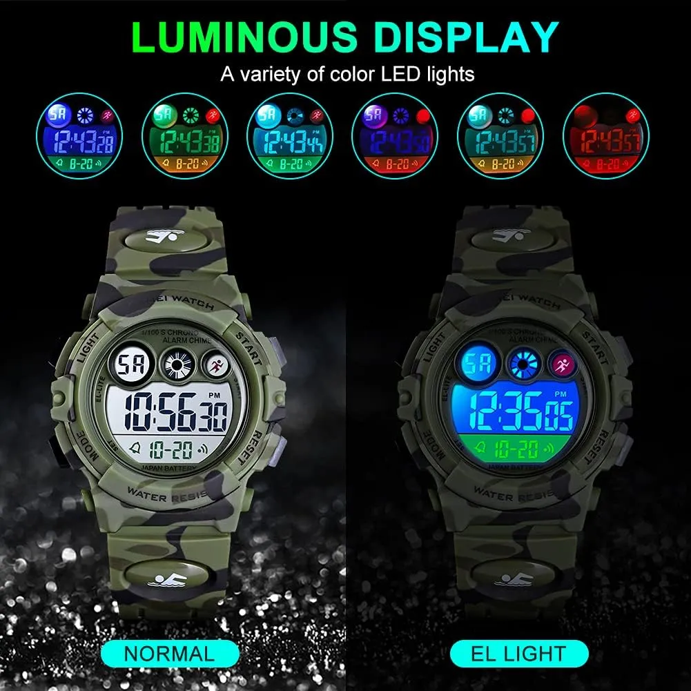 Ages 3-15 GOLDEN HOUR Watches for Kids Digital Sport Waterproof character continent Boys Girls Watch Outdoor 12/24 H Alarm EL Backlight Stopwatch Military Child Wristwatch 