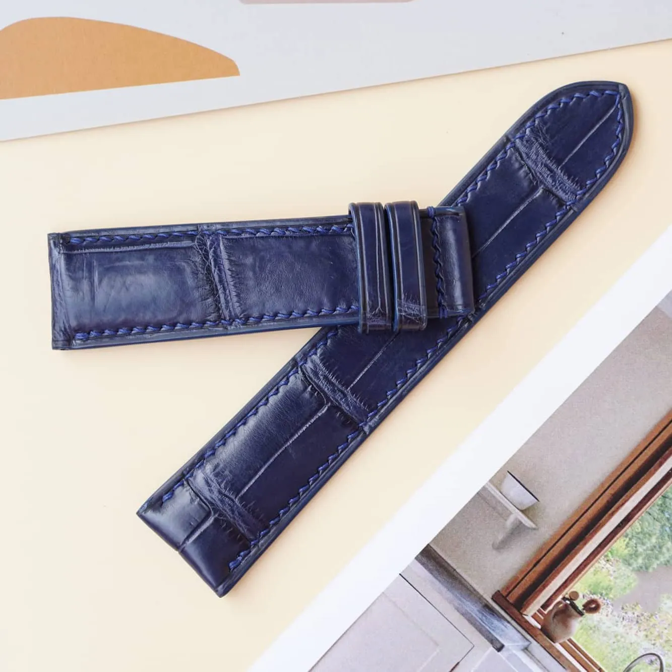 Alligator watch band, Dark Blue Alligator leather watch strap (20mm, Steel Tang Buckle) insulate commute Premium 