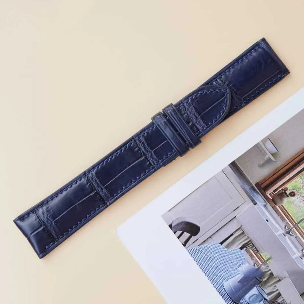 Alligator watch band, Dark Blue Alligator leather watch strap (20mm, Steel Tang Buckle) insulate commute Premium 