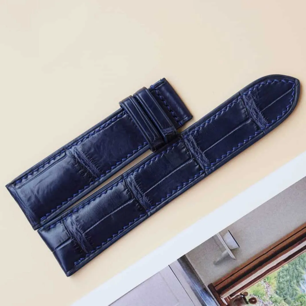 Alligator watch band, Dark Blue Alligator leather watch strap (20mm, Steel Tang Buckle) insulate commute Premium 