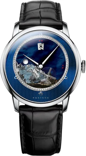 &Calendar?? 316L Stainless Steel Case,Genuine Leather, Business | Dress | Luxury | Gift for Men LOBINNI Men's Landscape Painting Mechanical Watch - pivot proportion 41mm 3D Dial ??Sun & Moon&Small Windmill 