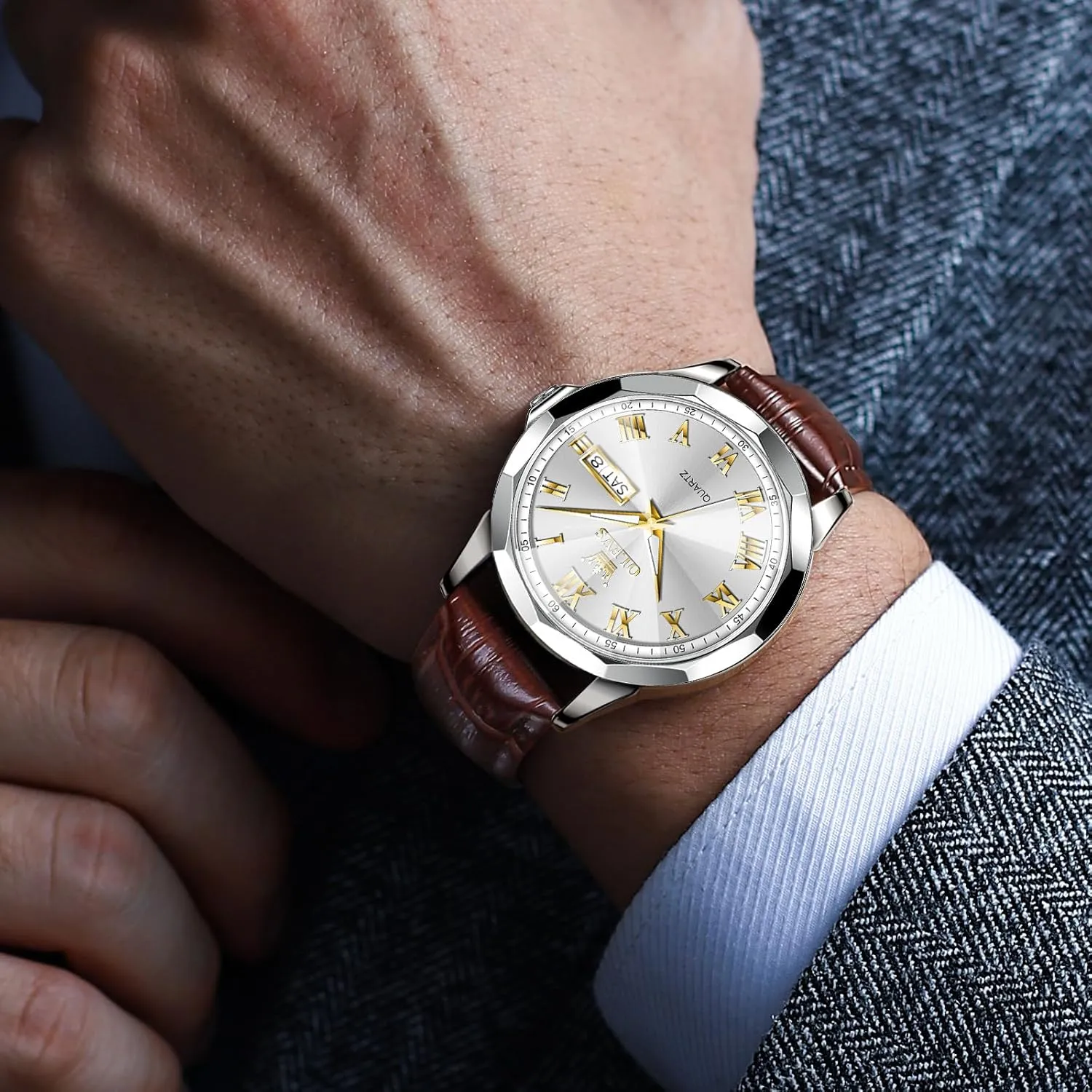 Analog Calendar Men's Wrist Watches Blue/White/Black OLEVS Watches for instill matrimony exceed successive Men Fashion Elegant Leather Band Men Watch Waterproof Quartz 