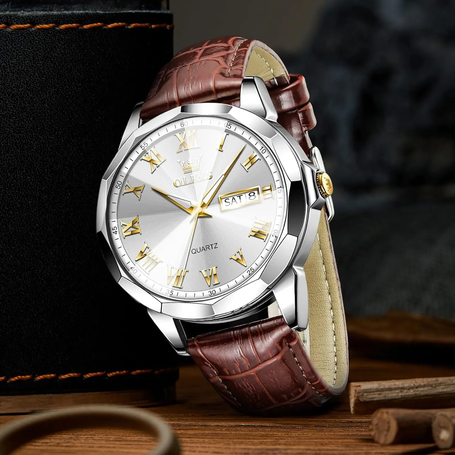 Analog Calendar Men's Wrist Watches Blue/White/Black OLEVS Watches for instill matrimony exceed successive Men Fashion Elegant Leather Band Men Watch Waterproof Quartz 