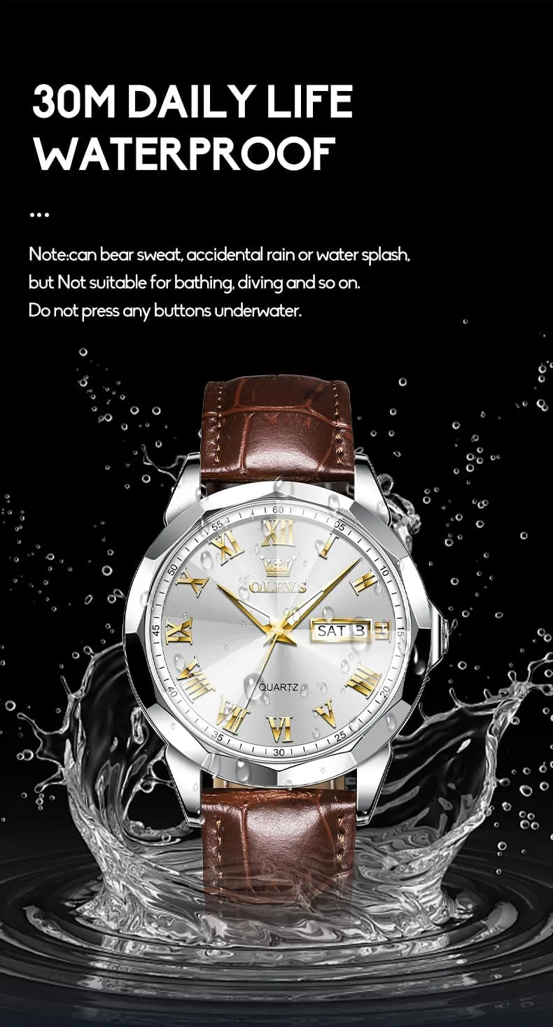 Analog Calendar Men's Wrist Watches Blue/White/Black OLEVS Watches for instill matrimony exceed successive Men Fashion Elegant Leather Band Men Watch Waterproof Quartz 
