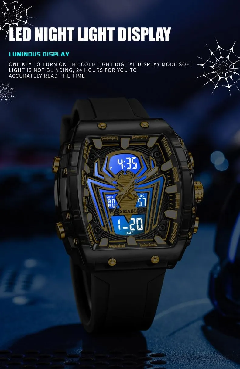 Analog Dual Time Display Stopwatch Punk Cool Design Silicon Strap Wrist Watch gibe adjoin for Men Luxury Spider Man Watch Quartz Watch Large Face Digital 