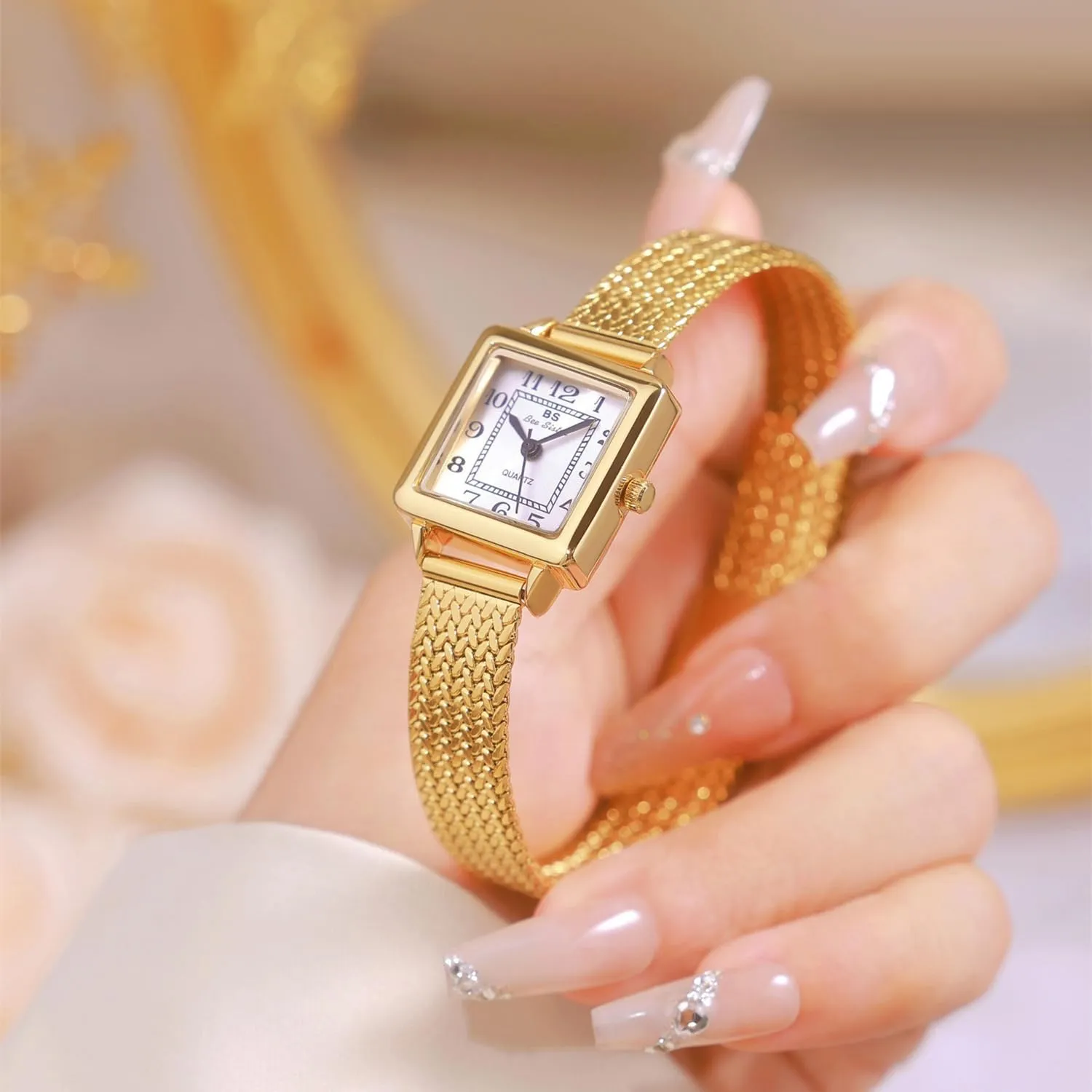 Analog Quartz Ladies Casual Dress Wristwatch Gosasa presidency Square Watch for Women Vintage Gold Bracelet Stainless Steel Mesh Strap Waterproof Elegant 