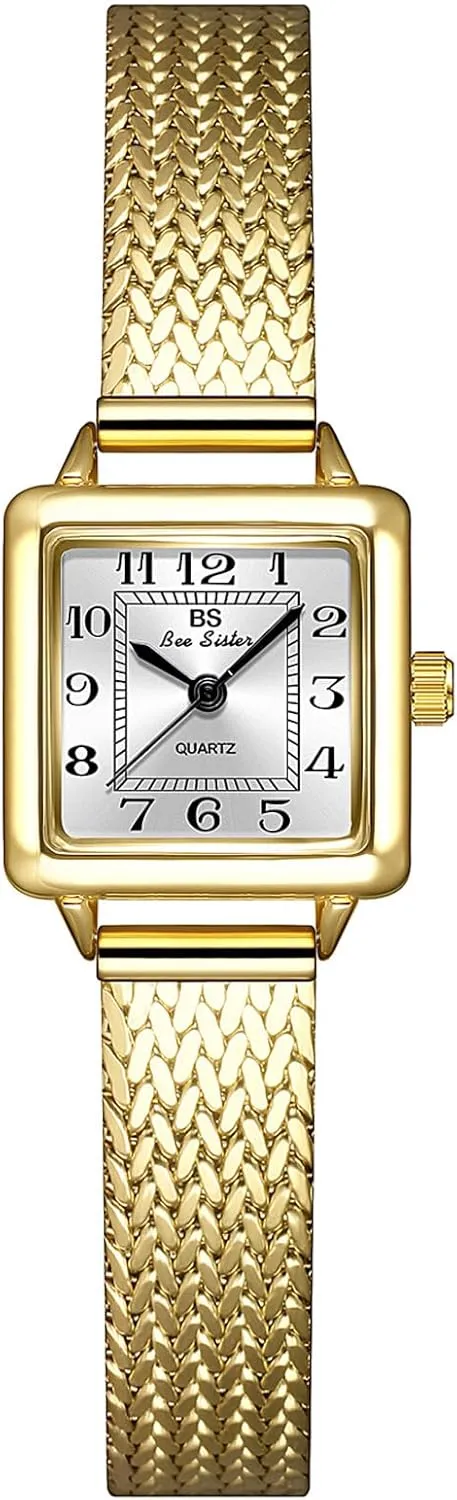 Analog Quartz Ladies Casual Dress Wristwatch Gosasa presidency Square Watch for Women Vintage Gold Bracelet Stainless Steel Mesh Strap Waterproof Elegant 