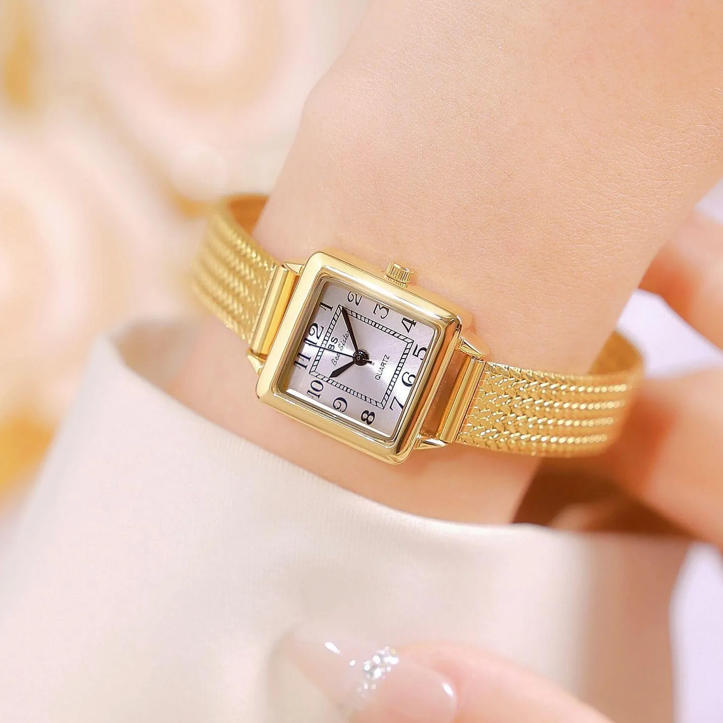 Analog Quartz Ladies Casual Dress Wristwatch Gosasa presidency Square Watch for Women Vintage Gold Bracelet Stainless Steel Mesh Strap Waterproof Elegant 