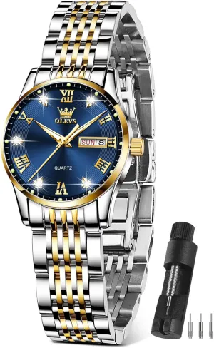 and Day,Ladies Watches with Silver Gold Stainless Steel,Elegent Female for Small portrayal sweep tend Wrist Watch(White/Black/Blue/Gold Face) OLEVS Women Watches Date 