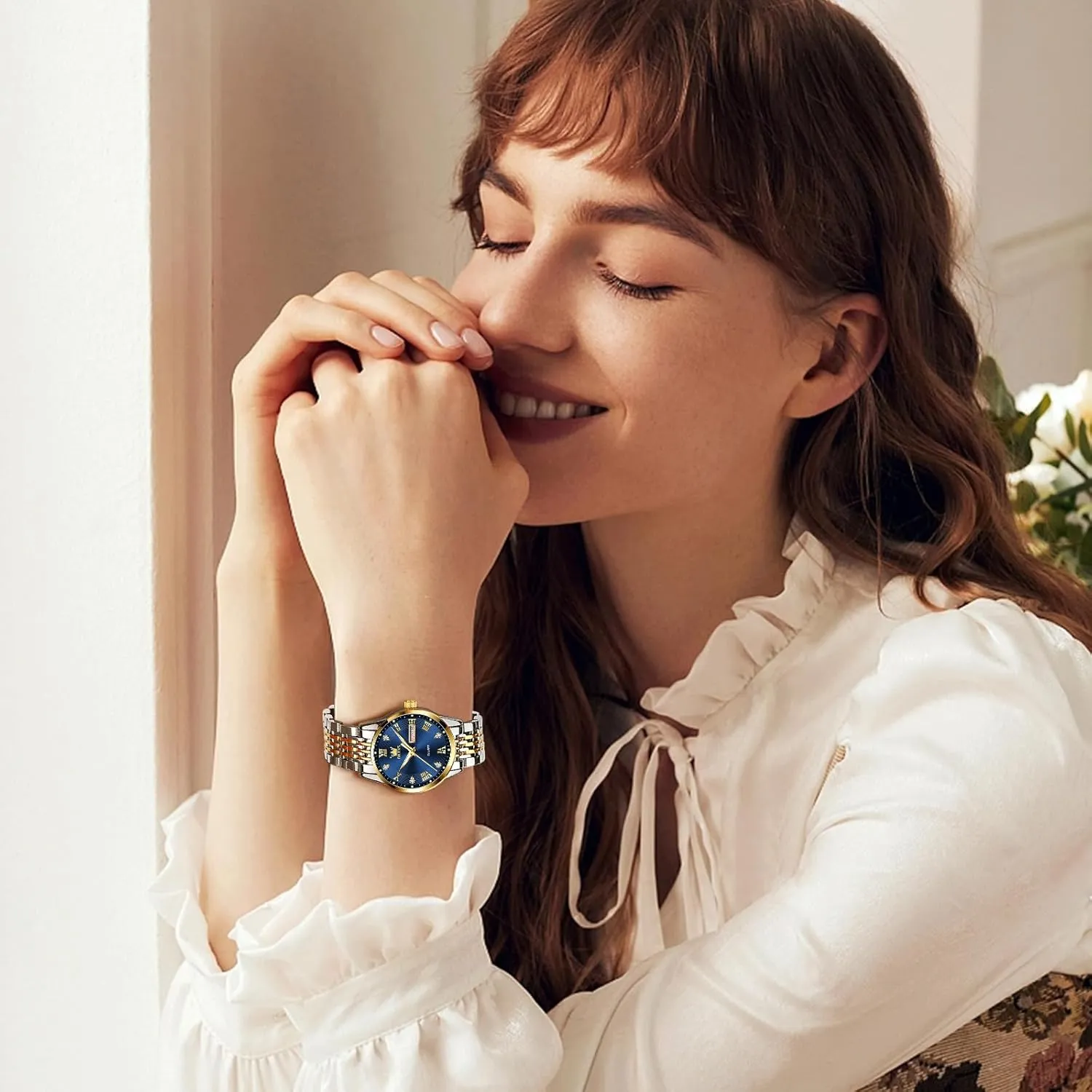 and Day,Ladies Watches with Silver Gold Stainless Steel,Elegent Female for Small portrayal sweep tend Wrist Watch(White/Black/Blue/Gold Face) OLEVS Women Watches Date 
