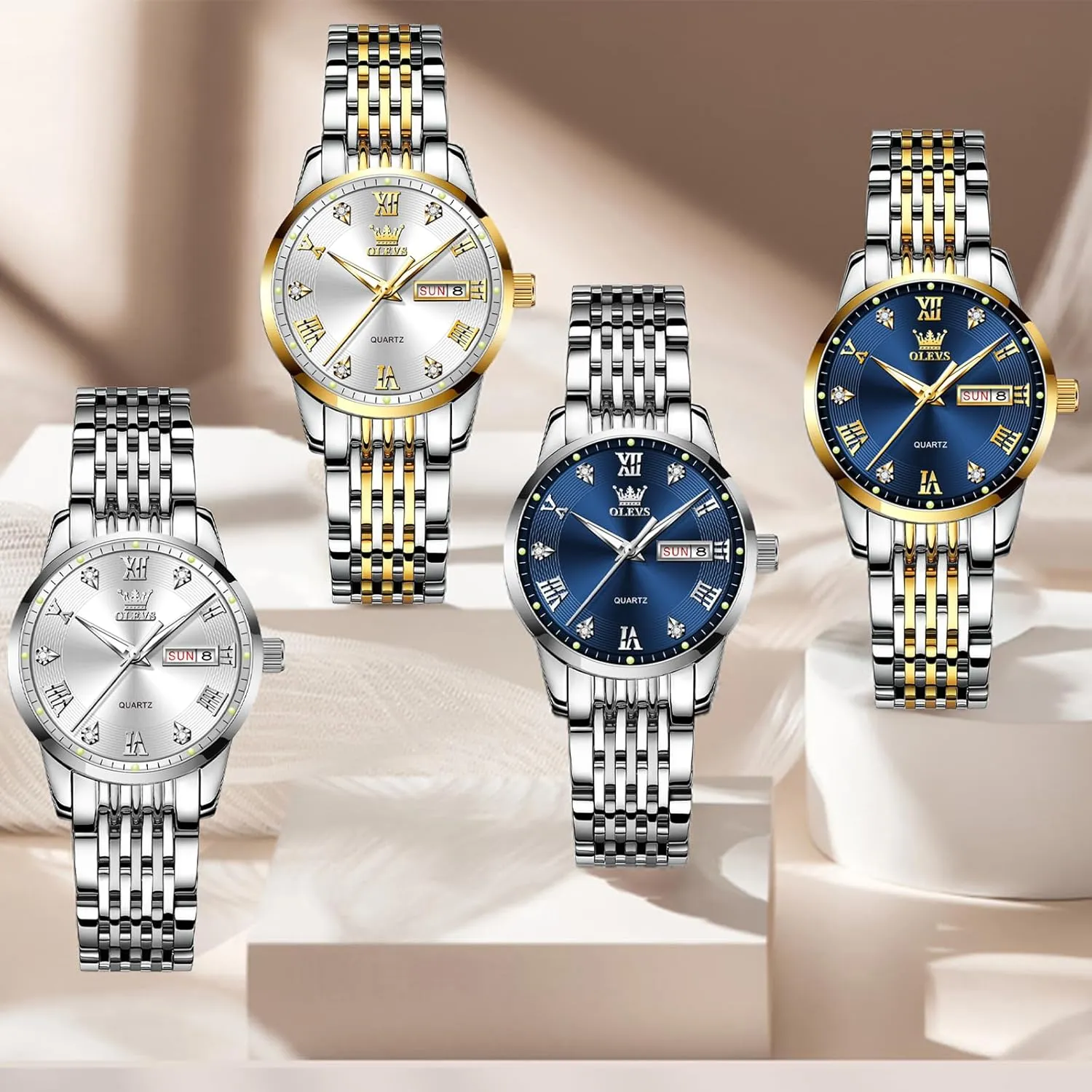 and Day,Ladies Watches with Silver Gold Stainless Steel,Elegent Female for Small portrayal sweep tend Wrist Watch(White/Black/Blue/Gold Face) OLEVS Women Watches Date 