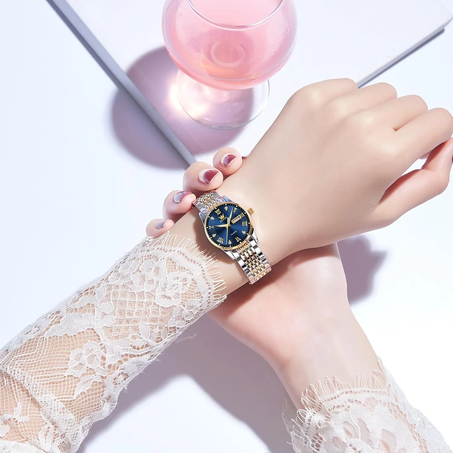 and Day,Ladies Watches with Silver Gold Stainless Steel,Elegent Female for Small portrayal sweep tend Wrist Watch(White/Black/Blue/Gold Face) OLEVS Women Watches Date 