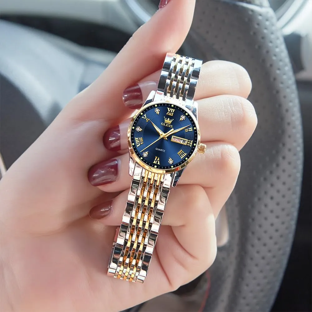 and Day,Ladies Watches with Silver Gold Stainless Steel,Elegent Female for Small portrayal sweep tend Wrist Watch(White/Black/Blue/Gold Face) OLEVS Women Watches Date 