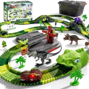 and Dinosaur Cars Dinosaur Track Toy Set with Storage Box - 258 Piece Dinosaur World Road Race Track Playset, Great Birthday Gift for 3 4 5 6 7 Year Old Kids, Includes Flexible deviation ornate Tracks 