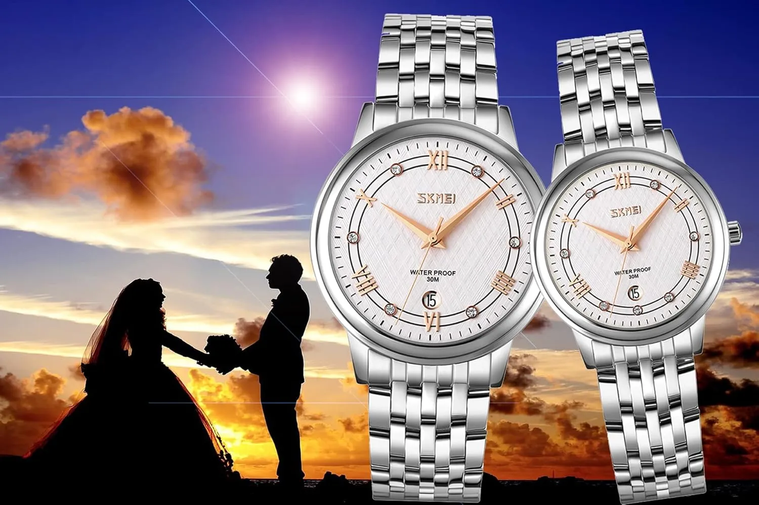 and Hers Gosasa Couple Watches for Men and Women Diamond-Accented Ultra Thin red Quartz Analog Luxury Wrist Watches Casual Stainless Steel Strap His 