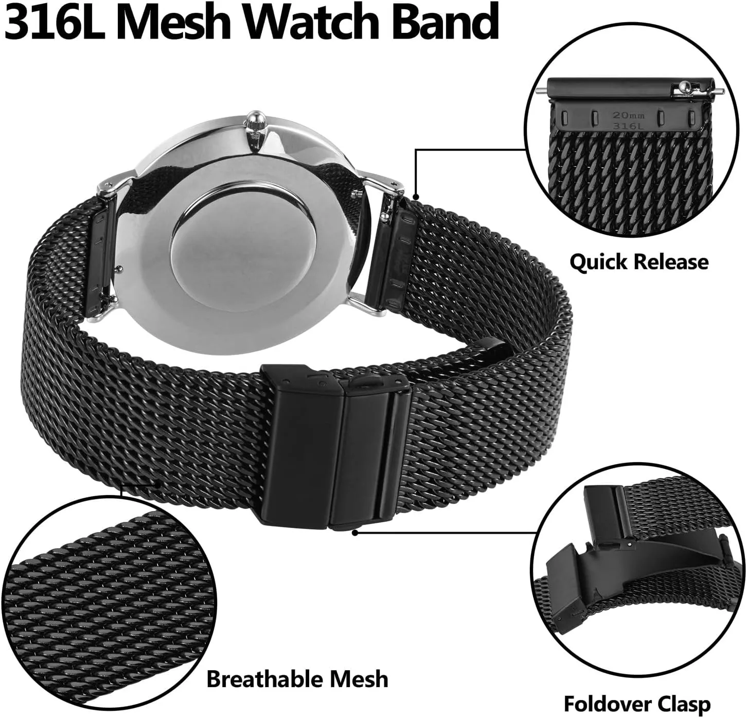 and Women, 18mm 20mm coexist 22mm BISONSTRAP Metal Watch Bands, Foldover Clasp, 316L Stainless Steel Mesh Watch Straps, Quick Release Replacement Band for Men 