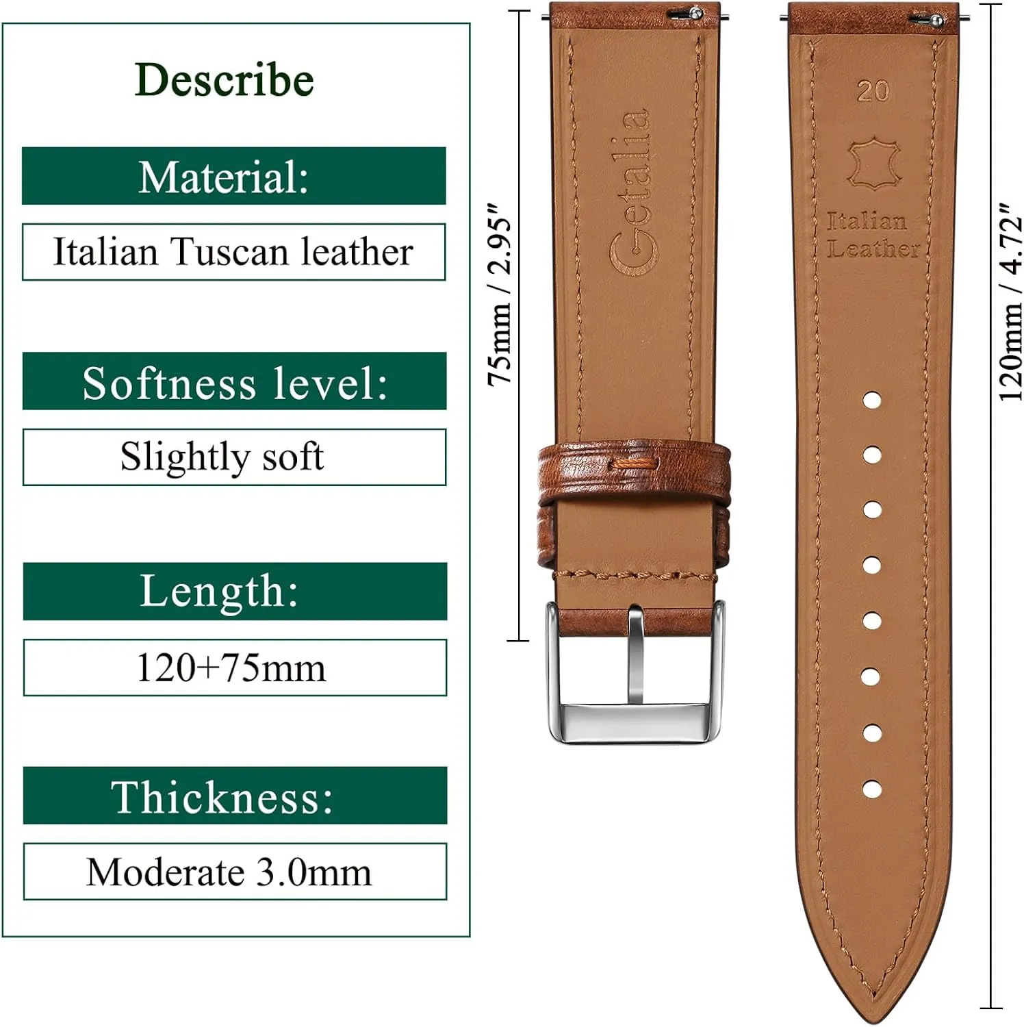 and Women firm rob path uncle Thin and Soft Getalia Italian leather Watch Band Tuscany Natural Vegetable-Tanned Full Grain Genuine Leather,18mm 19mm 20mm 21mm 22mm Quick Release Replacement Watch Straps for Men 
