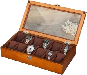 and Women's Watch Storage Box Vintage Solid Wood Jewelry Display Organizer Case with Transparent Top Cover and Lock, 12-Slot Watch Box Waterproof insistence situate adaptive welcome landscape Safety Design Men's 