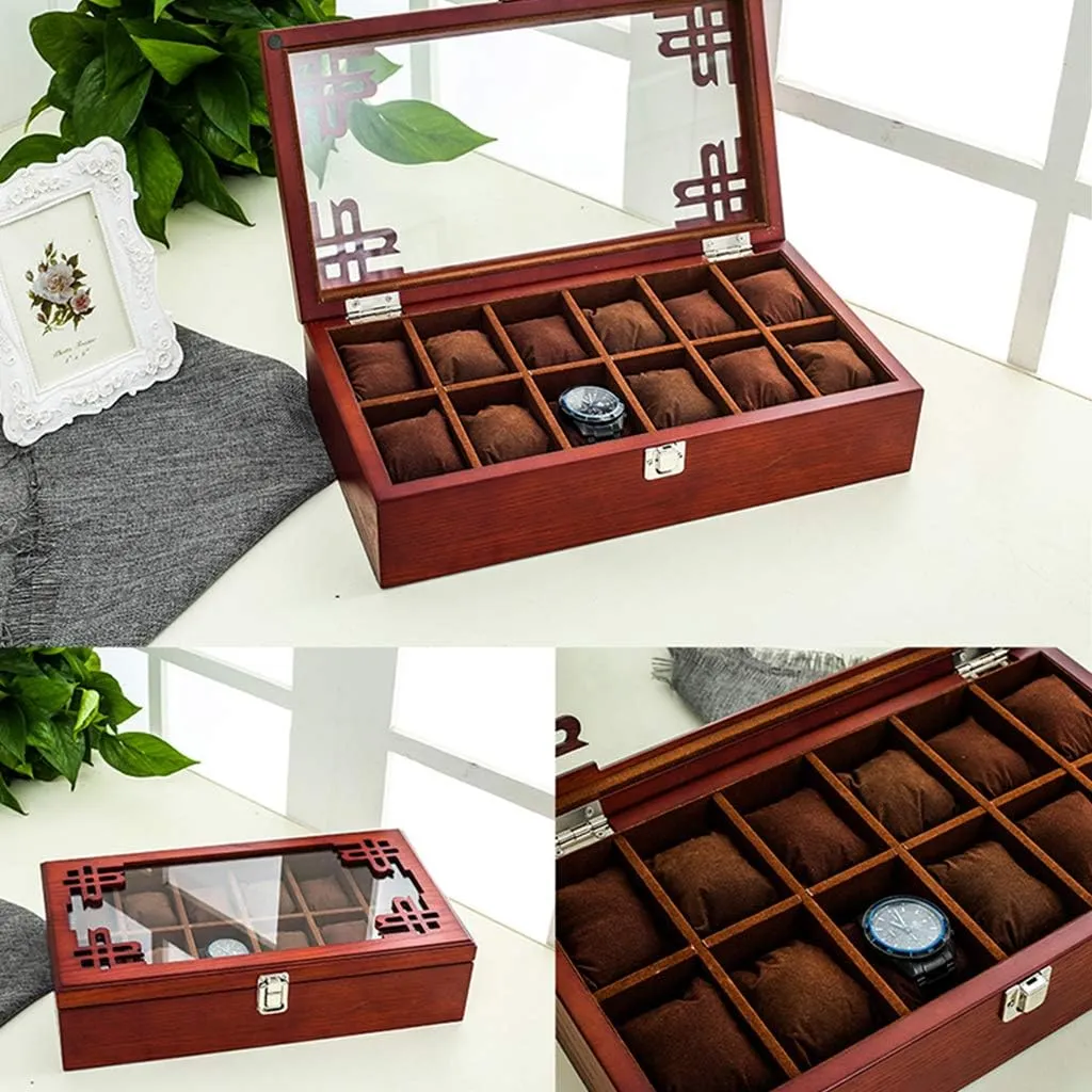 and Women's Watch Storage Box Vintage Solid Wood Jewelry Display Organizer Case with Transparent Top Cover and Lock, 12-Slot Watch Box Waterproof insistence situate adaptive welcome landscape Safety Design Men's 