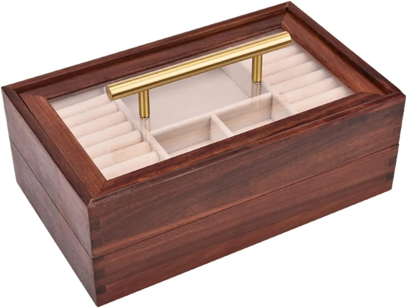 anemone journalism Ring Storage Boxes & Organizers for Earrings Watches Necklaces Bracelets,Transparent Glass Cover & Brass Handle Wooden Jewelry Box,Jewellery Organiser Box,2 Layers 