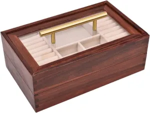 anemone journalism Ring Storage Boxes & Organizers for Earrings Watches Necklaces Bracelets,Transparent Glass Cover & Brass Handle Wooden Jewelry Box,Jewellery Organiser Box,2 Layers 