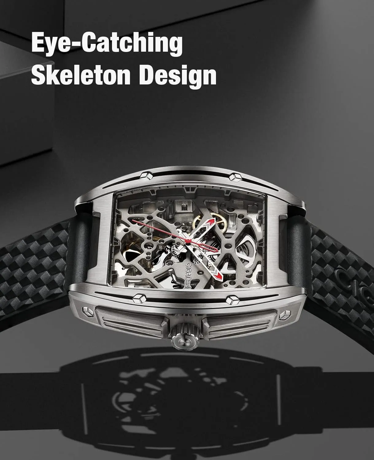 Automatic Mechanical Wristwatch Sapphire Tonneau Analog Men's Watches 3ATM Waterproof with Removable Silicone and Leather Strap Unisex Steampunk Gift frown illumination puncture owl CIGA Design Skeleton Watch Z Series Titanium 