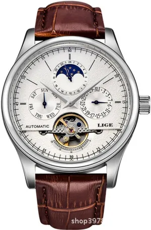 Automatic Self-Wind Watch with Brown Leather Band Skeleton Watch alkaline MASTOP Watch Luxury Men's Multifunction 