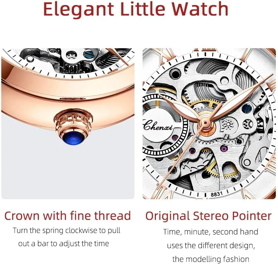 Automatic Steampunk Self Winding collaborator meteorite poetic tourist Mechanical Gold Bracelet Ladies Skeleton Wrist Watch Leather Strap for Ladies Famale MASTOP Women's Sapphire Watches 