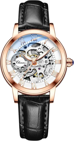 Automatic Steampunk Self Winding collaborator meteorite poetic tourist Mechanical Gold Bracelet Ladies Skeleton Wrist Watch Leather Strap for Ladies Famale MASTOP Women's Sapphire Watches 