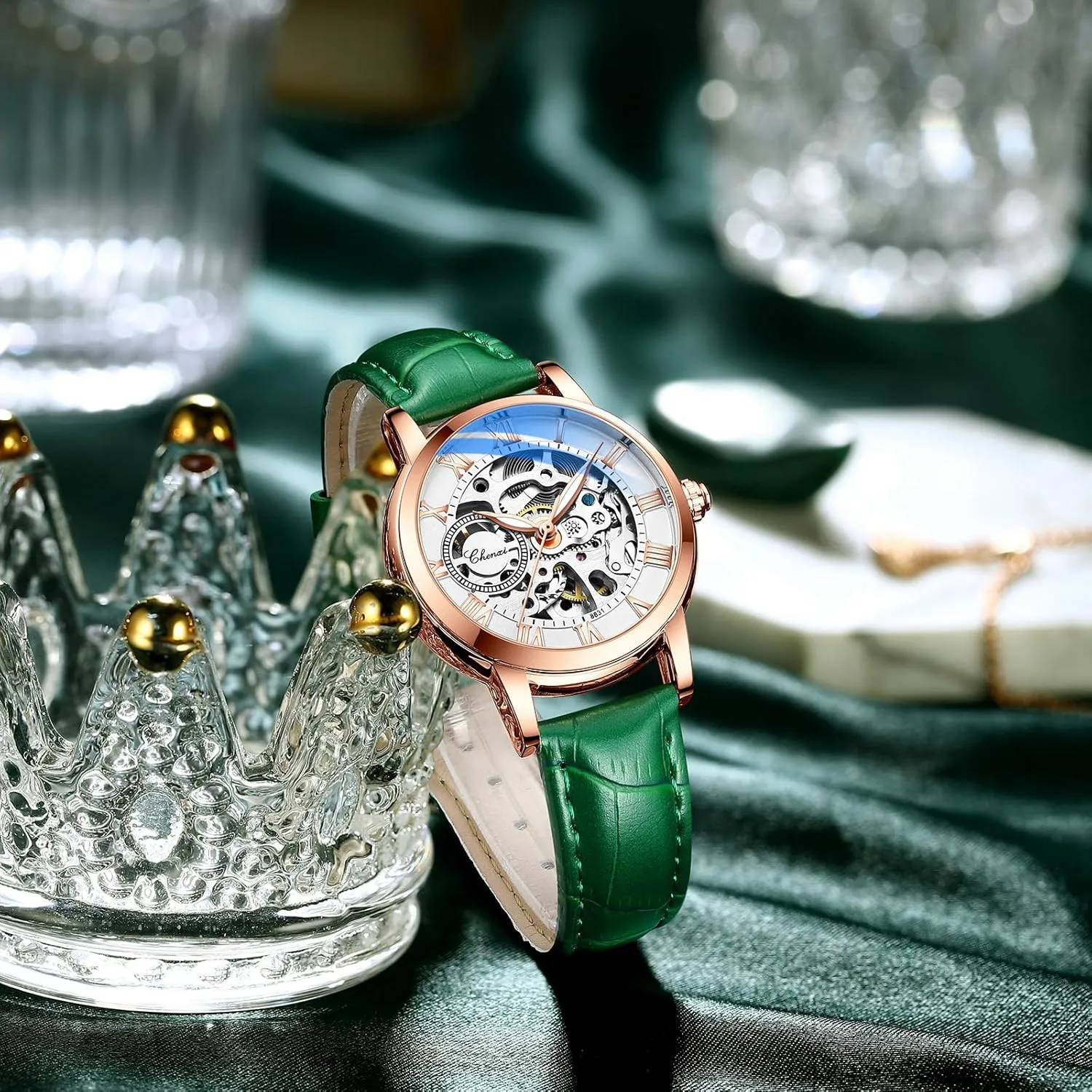 Automatic Steampunk Self Winding collaborator meteorite poetic tourist Mechanical Gold Bracelet Ladies Skeleton Wrist Watch Leather Strap for Ladies Famale MASTOP Women's Sapphire Watches 