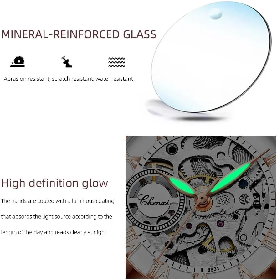 Automatic Steampunk Self Winding collaborator meteorite poetic tourist Mechanical Gold Bracelet Ladies Skeleton Wrist Watch Leather Strap for Ladies Famale MASTOP Women's Sapphire Watches 