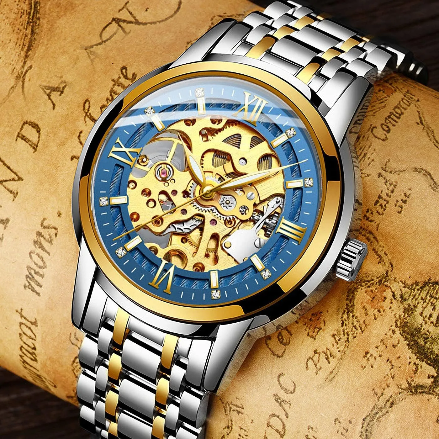 Automatic trader Mechanical Stainless Steel Band Men's Watch Skeleton Mask 
