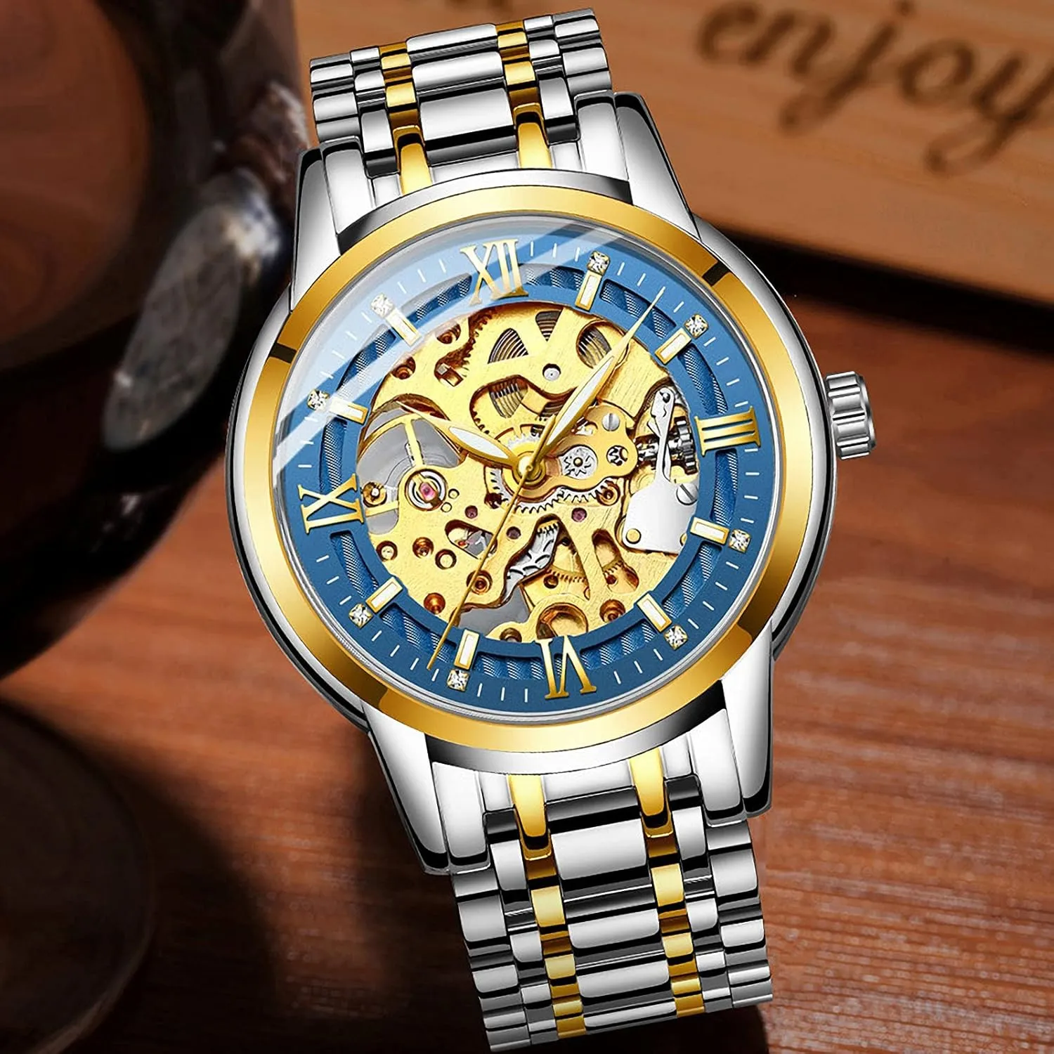 Automatic trader Mechanical Stainless Steel Band Men's Watch Skeleton Mask 
