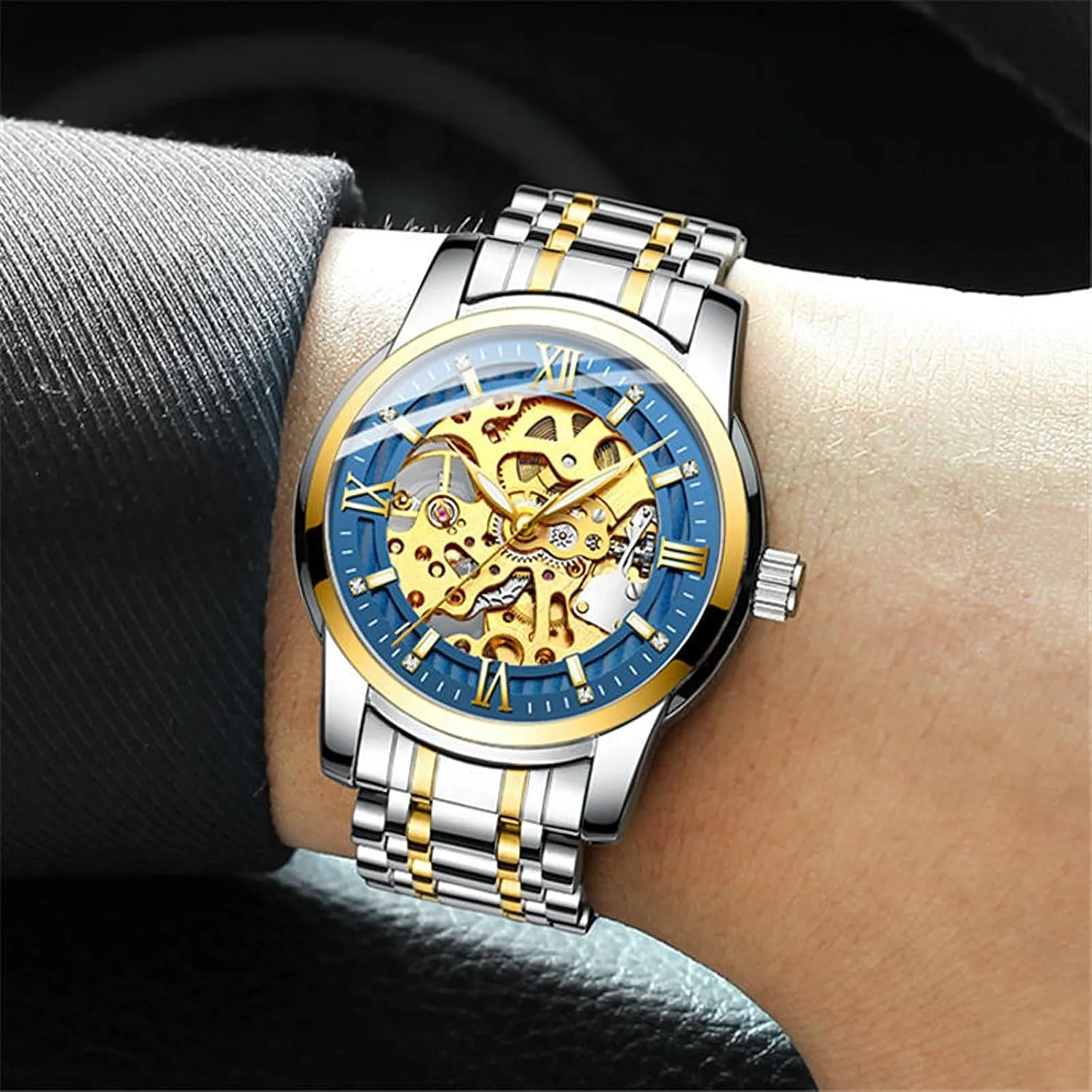 Automatic trader Mechanical Stainless Steel Band Men's Watch Skeleton Mask 