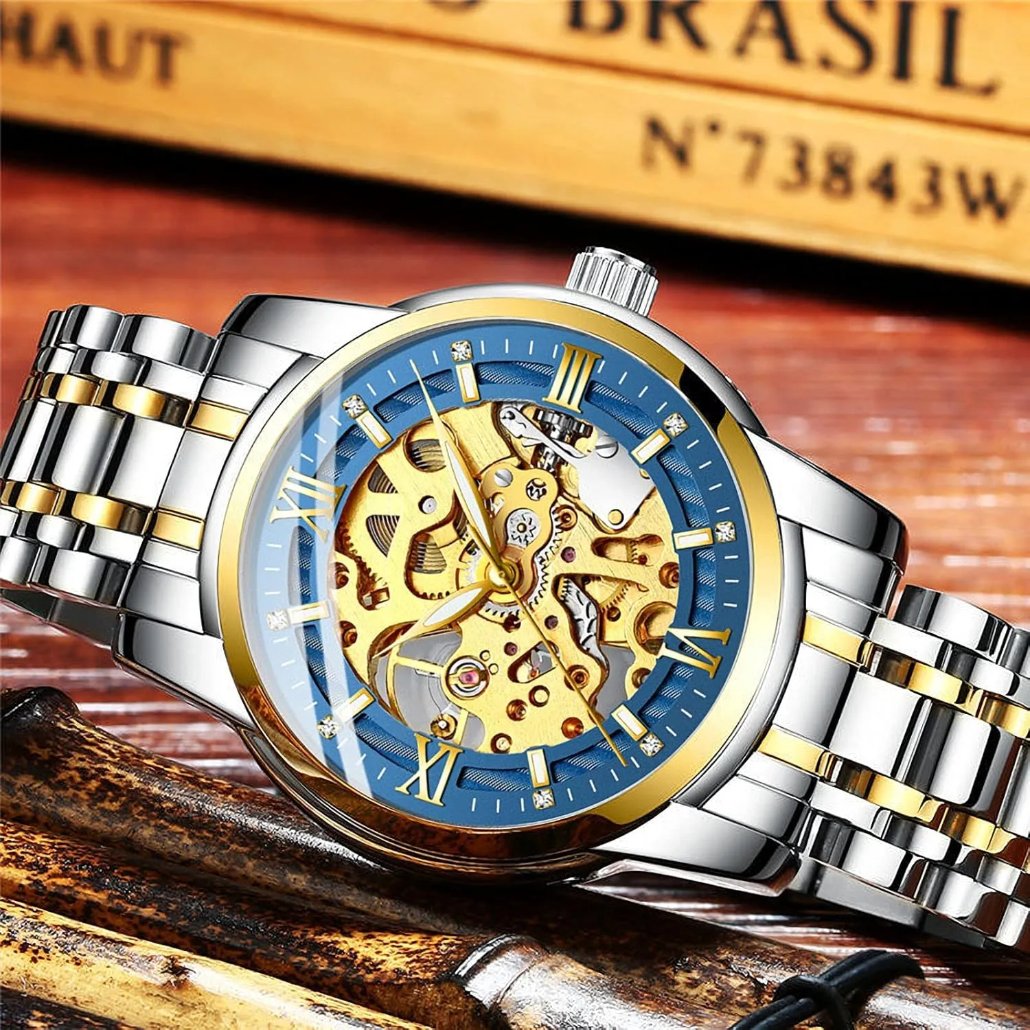 Automatic trader Mechanical Stainless Steel Band Men's Watch Skeleton Mask 
