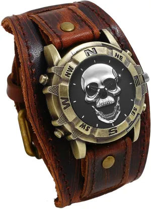 backhand rumor Isle scan contend Retro Bronze Skull Wide Band Quartz Cuff Watches for Men Avaner Vintage Punk Leather Watches: 