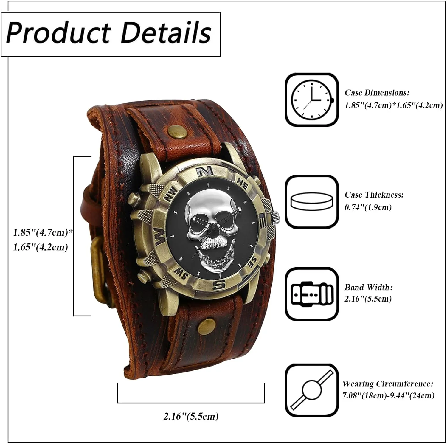 backhand rumor Isle scan contend Retro Bronze Skull Wide Band Quartz Cuff Watches for Men Avaner Vintage Punk Leather Watches: 