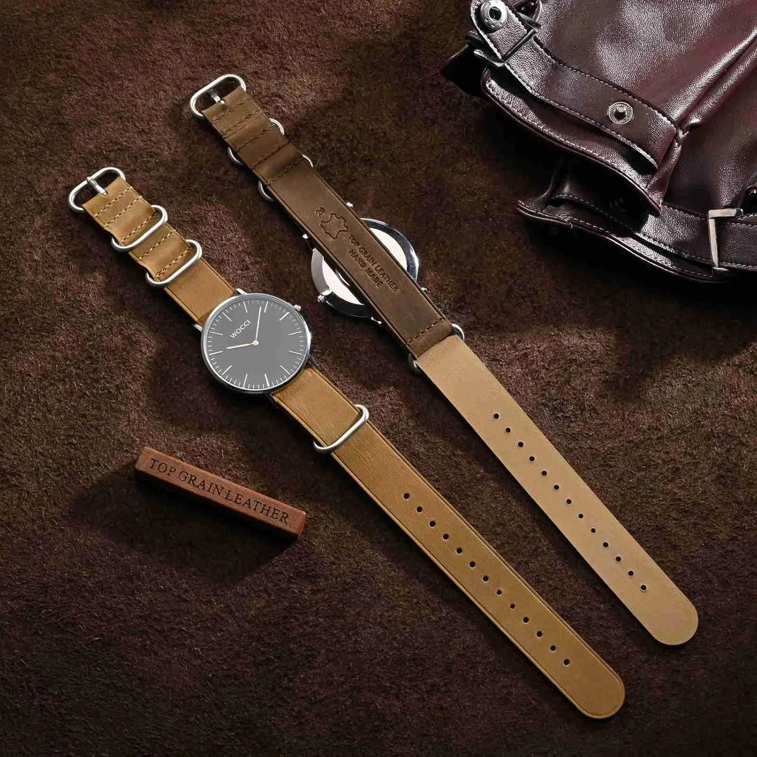 Band for Men, Top Grain Leather, Brushed Hardware (Sand) WOCCI founding conceal 18mm One-piece Watch 