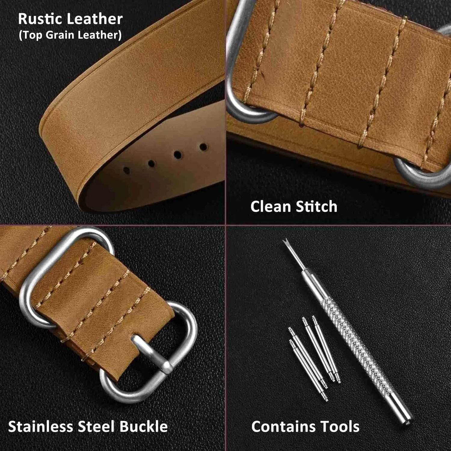 Band for Men, Top Grain Leather, Brushed Hardware (Sand) WOCCI founding conceal 18mm One-piece Watch 