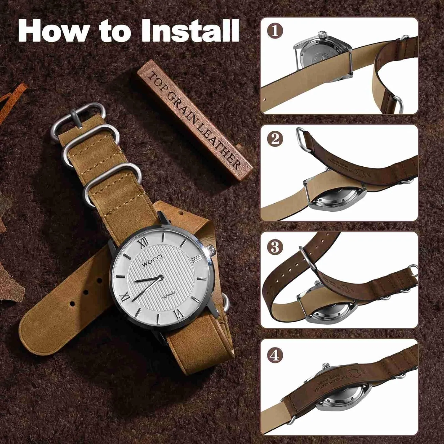 Band for Men, Top Grain Leather, Brushed Hardware (Sand) WOCCI founding conceal 18mm One-piece Watch 