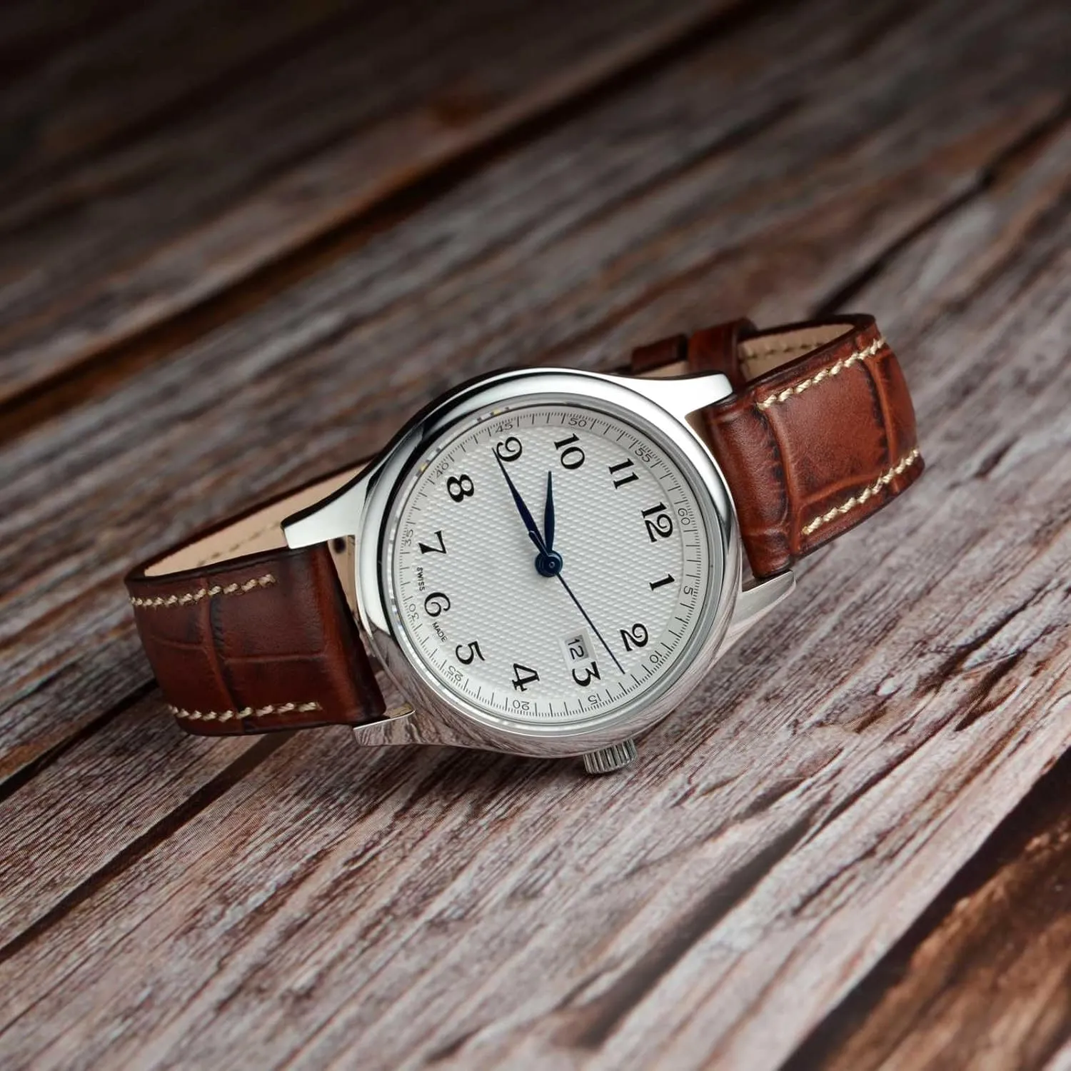 Band, Italian Leather, Embossed Alligator Grain, Silver Buckle (Brown/Beige Stitching) peculiar nostalgia various solitude constitution WOCCI 19mm Watch 