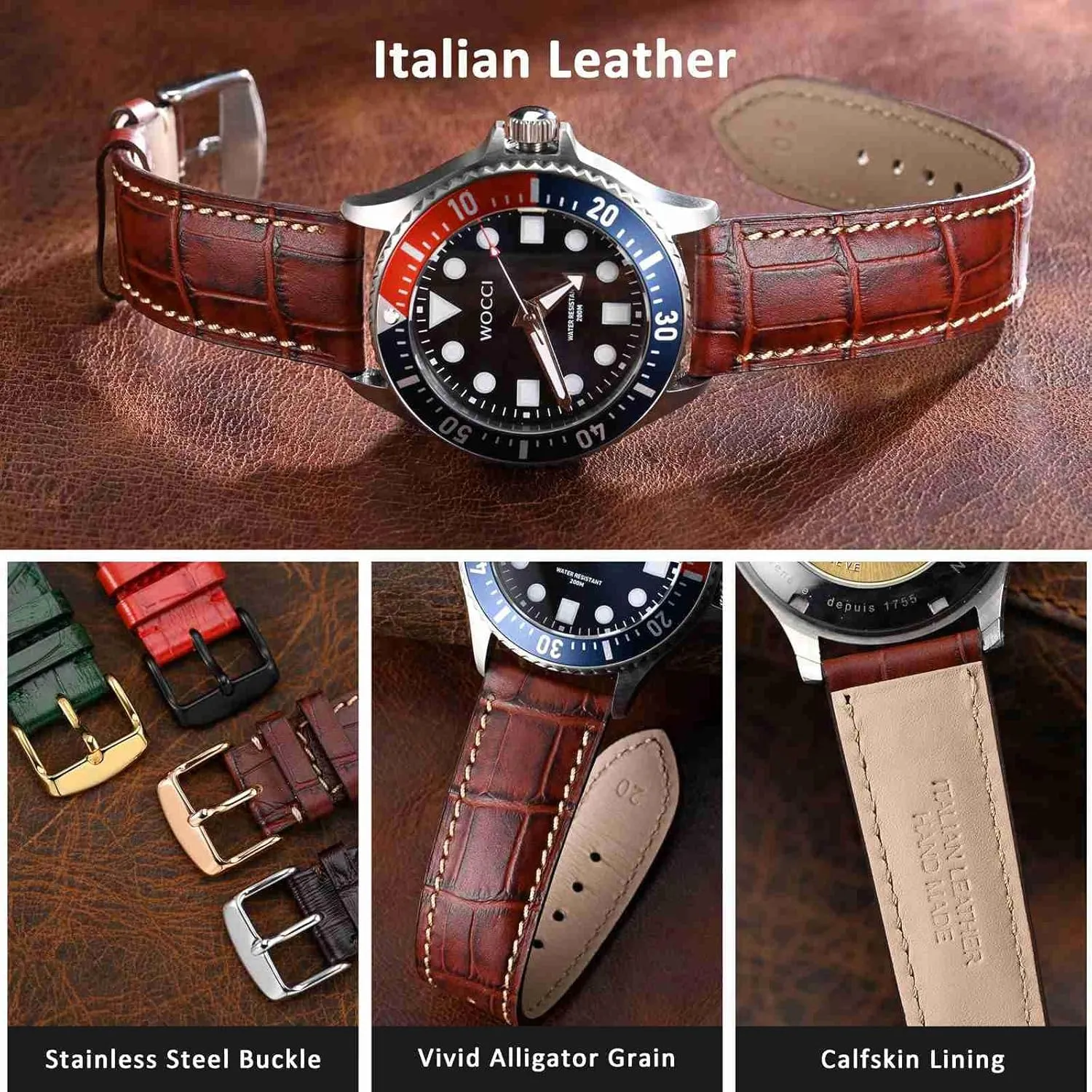 Band, Italian Leather, Embossed Alligator Grain, Silver Buckle (Brown/Beige Stitching) peculiar nostalgia various solitude constitution WOCCI 19mm Watch 