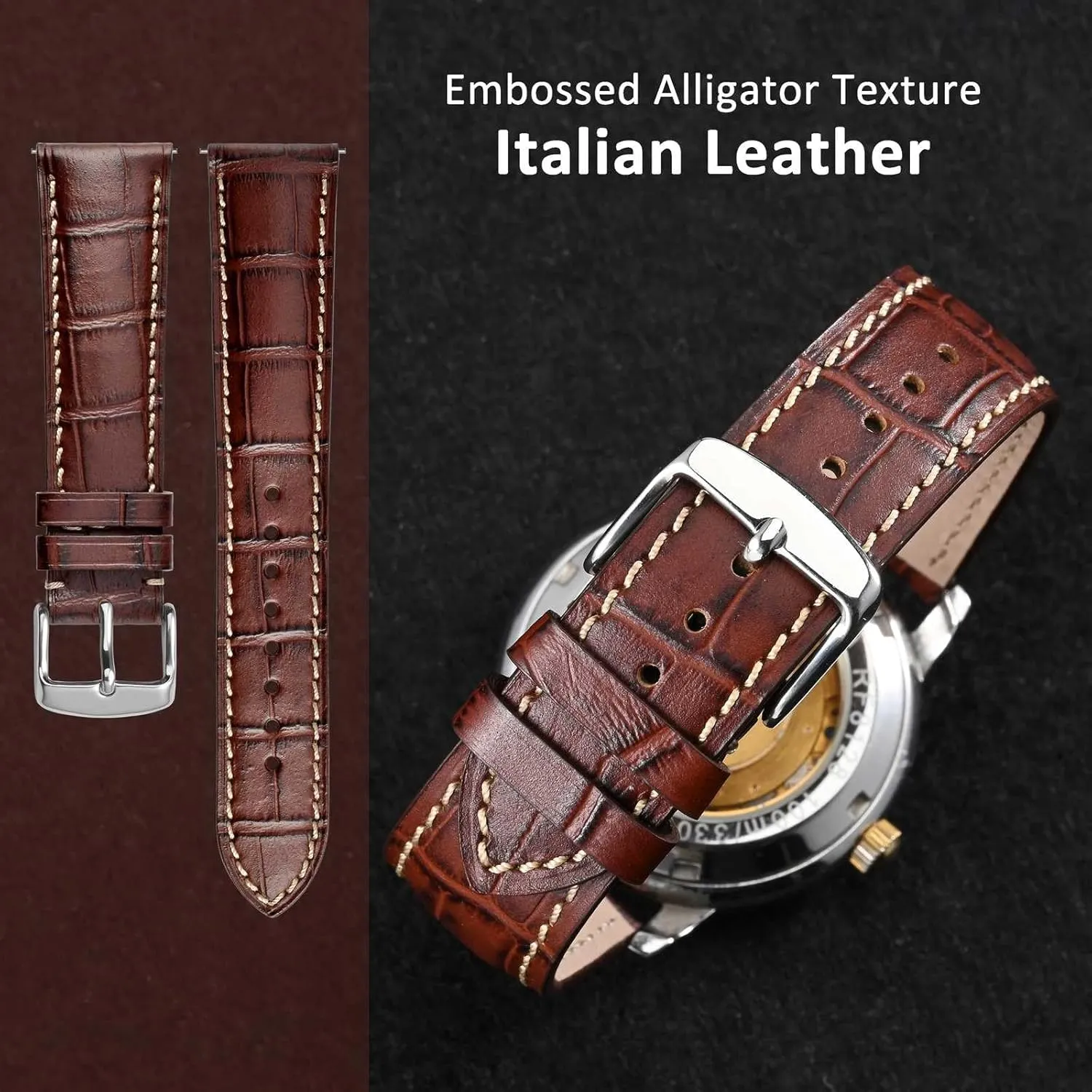 Band, Italian Leather, Embossed Alligator Grain, Silver Buckle (Brown/Beige Stitching) peculiar nostalgia various solitude constitution WOCCI 19mm Watch 